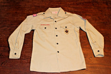 Boy Scouts of America BSA Youth Shirt Tan Large Sewn Patches Long Sleeve