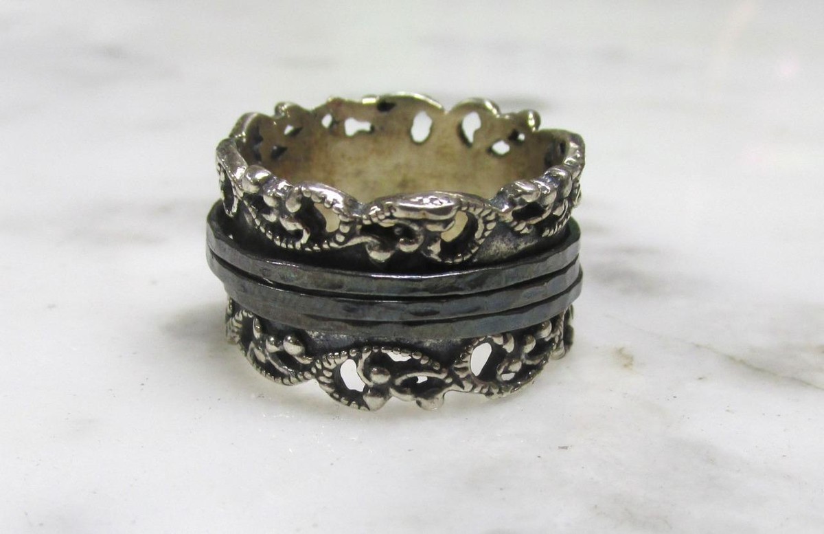 PZ Sterling Silver Ornate Design Spinner Ring; Israel Sz  6-C369