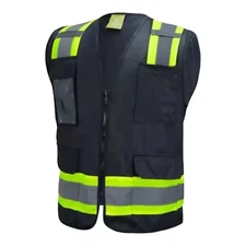 Two Tone High Visibility Reflective BLACK Safety Vest With ID Pocket (Small-XL)