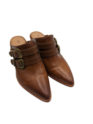 Frye Flynn Women's Belted Pointed Toe Brown Leather Mule Size