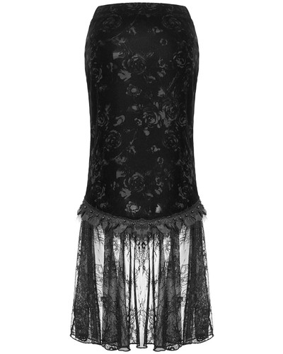 Dark In Love Dark Corporate Gothic Rose Velvet & Lace Pencil Skirt - Picture 2 of 13