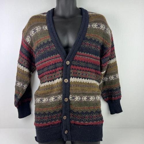 Vintage Ansett Made in Australia Pure Wool Knitted Cardigan Mens L Navy Blue/Red
