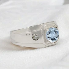 Aquamarine Round Cut Gemstone With 925 Sterling Silver Ring For Men's #707