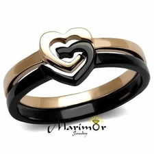 Stainless Steel Black & Rose Gold Ion Plated 2 Piece Heart Fashion Ring Sz 5-10