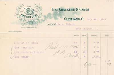 1900 RB Biscuit Company Illustrated Billhead Cleveland OH Zoar Station Cake Soda