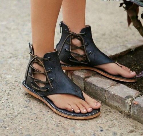 Womens Roman Gladiator Flats Sandals Clip Toe Fashion Lace Up Sandal Shoes Retro - Picture 3 of 9