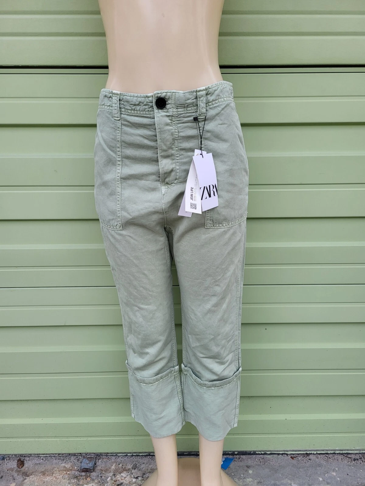 ZARA WOMEN GREEN LINEN BLEND TROUSERS WITH TURN-UP HEM Size M #6802B