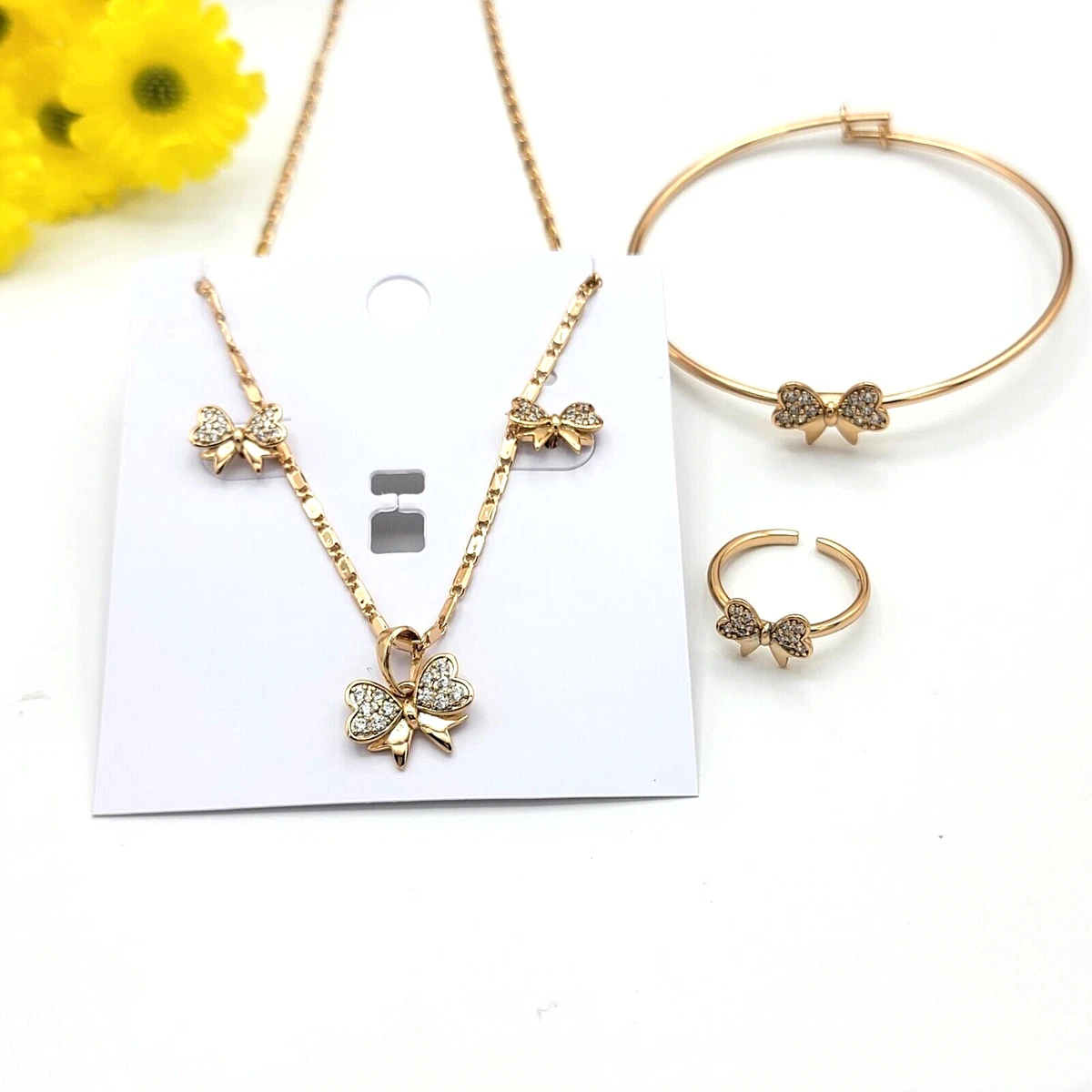 18K Gold Plated Heart Bow Necklace - Earrings - Ring Set. For Little Girls  Teen