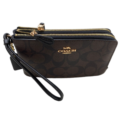 COACH Signature Brown Black Wristlet Wallet PVC Double Corner Zip