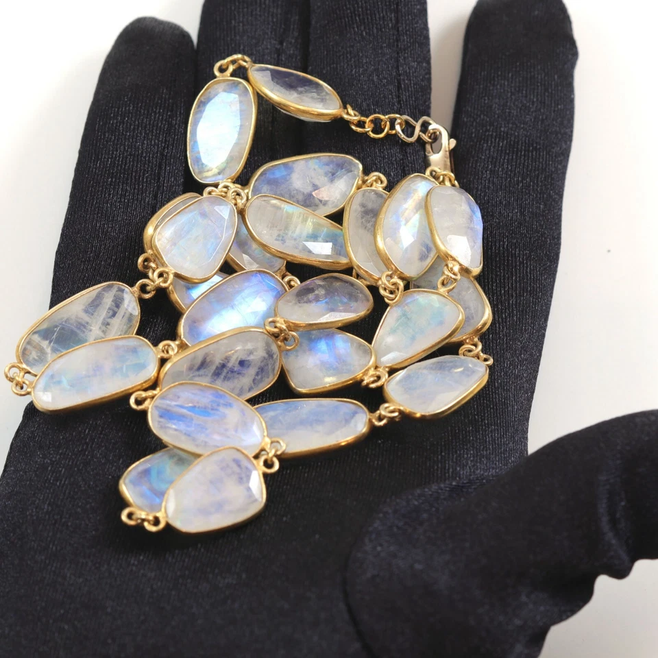 Collar Piedra Luna Grande Faceta 24 36 Inc AAA Oro 14k Bisel Relleno Azul Arco Iris Foto 2 de 2