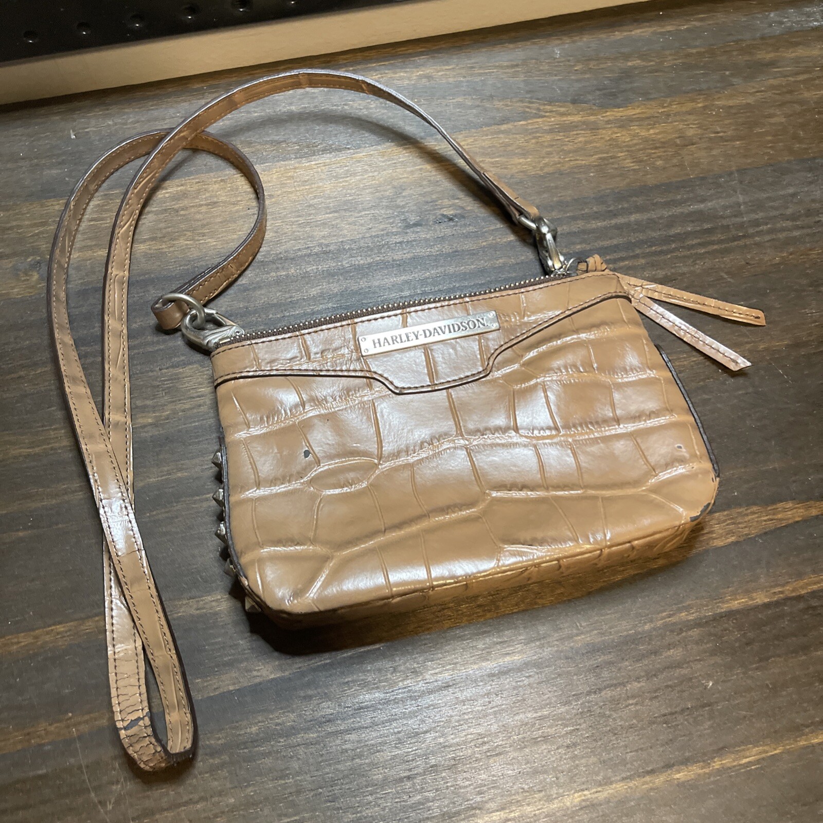 Harley Davidson Brown Leather Crossbody Purse with Studs and Cheetah Print  