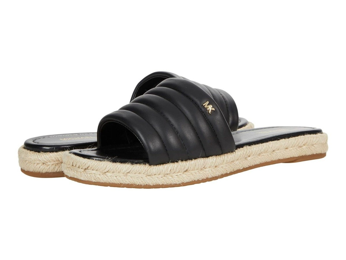 MICHAEL KORS Royce Jute Slides Flat Slipon T-Strap Sandals Black Leather  Size 10 | eBay