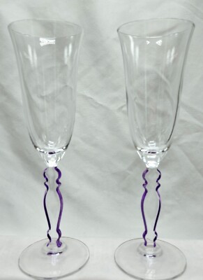 2 Purple Outlined / Invisible Stem Champagne Flutes CRISTAL D'ARQUE Wine Glasses