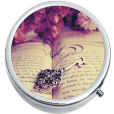 Book and Key Medicine Vitamin Compact Pill Box