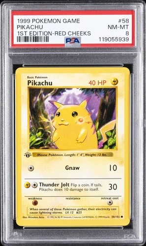 1999 POKEMON GAME 1ST ED-RED CHEEKS #58 PIKACHU PSA 8