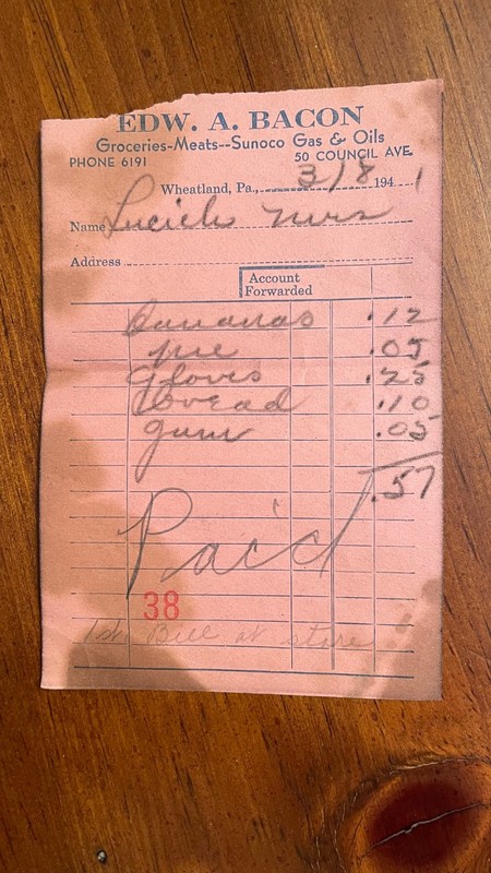 1941 Grocery Receipt Bacon Wheatland PA Sunoco Gas Oil Bananas Bread Gum Council