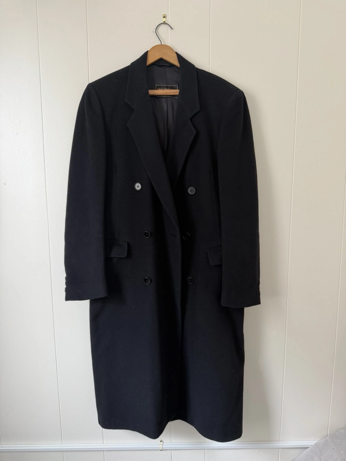 Saint Laurent — 1970s YSL Double Breasted Black Pure Wool Long Coat Mens Size L