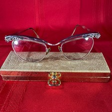 Vintage 1950s Shuron Aluminum Cat Eye Glasses Rhinestone Engraved Silver Tone
