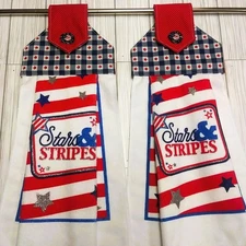 2pc STARS & STRIPES Handmade Oven Door Hanging Kitchen Towels, Flag Button, Snap
