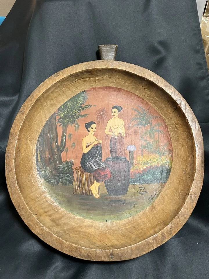 XXL Vintage Hand Carved/Hand Painted Nude Deep Wooden Handle Footed Dough Bowl - Image 3 of 4