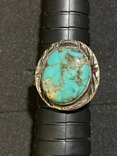 Handcrafted Sterling Silver 925 Green Turquoise Stamped Band Ring Size 6