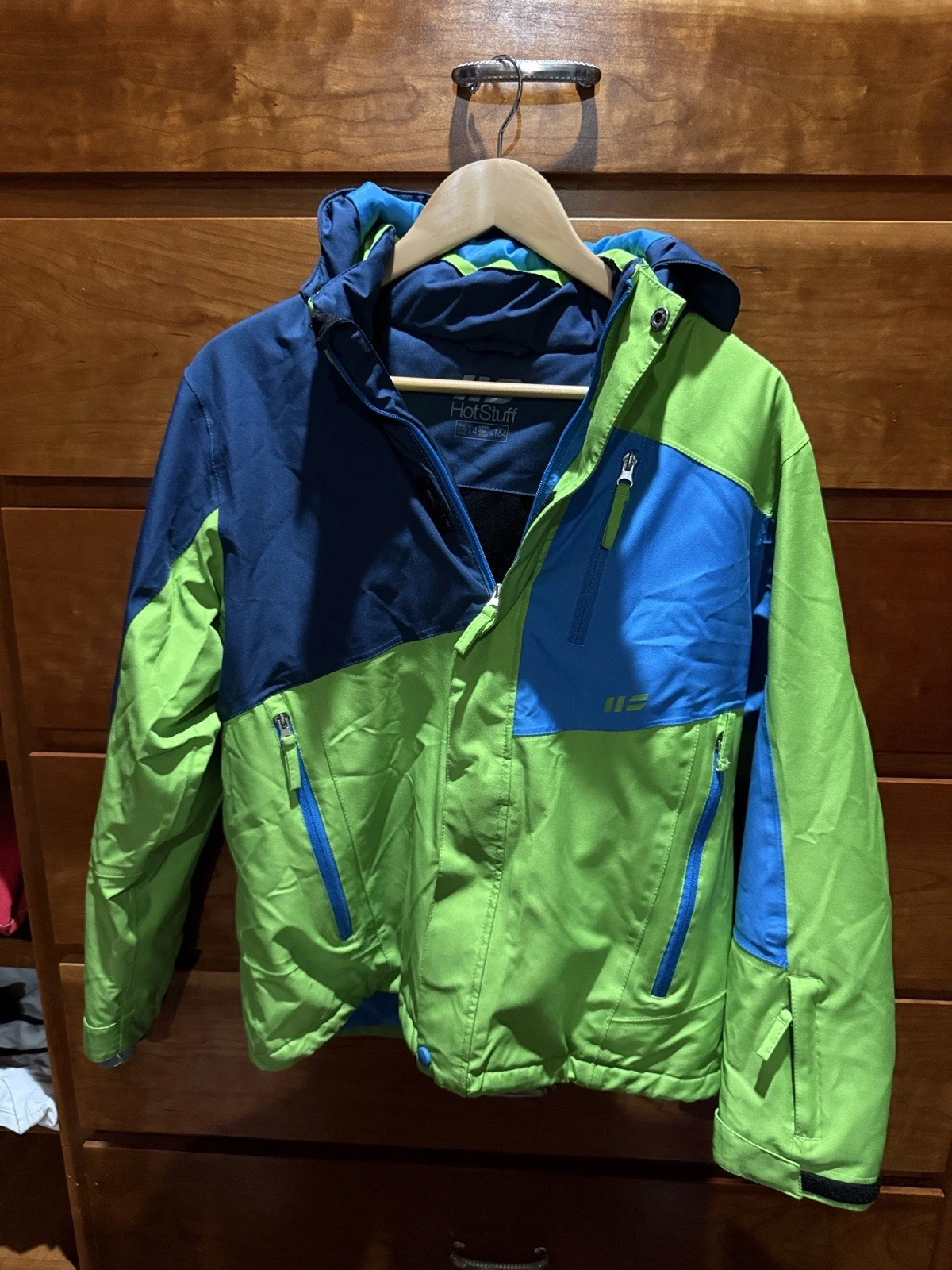 Hot Stuff Kids Ski Jacket Colorblock Green Blue Hooded Insulated Size 164