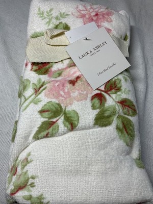 LAURA ASHLEY HAND TOWELS (2) PINK GREEN ROSES 16 X 30 100% COTTON NWT