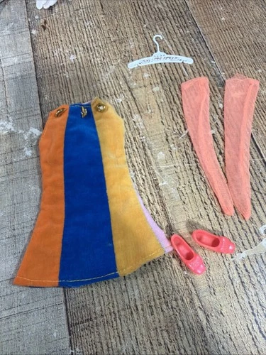 Vintage  Barbie Velvet Dress Orange Yellow Blue Tropicana, Shoes, Stockings