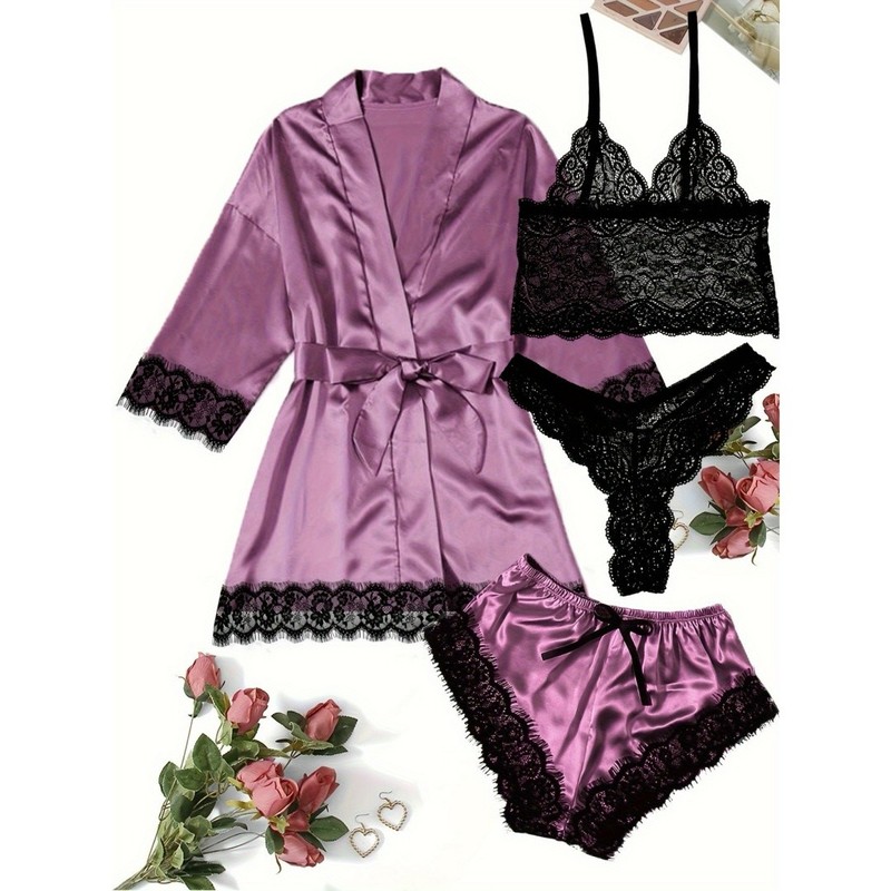Women's Pajama Satin Sexy Lingerie Robe Set 4Pcs Pjs Silk Sleepwear Lace Short