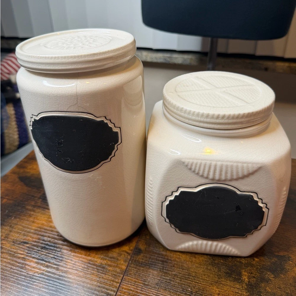 Anthropologie Biscuit Set of Two Cream Ceramic Jars with Chalkboard Labels