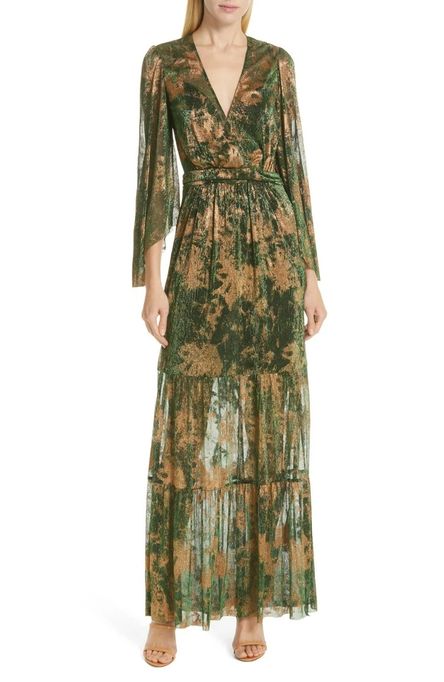 BA&SH Vert Green Bronze Metallic VIANCA Grecian V-Neck Maxi Dress 3 10 US LARGE - Image 2 of 4
