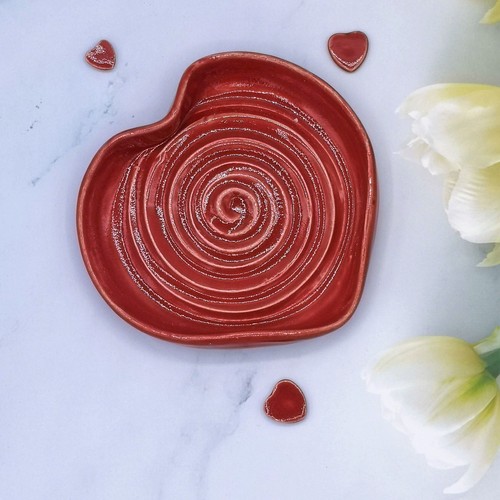 Tazón de cerámica hecho a mano en forma de corazón, soporte de barra de jabón de arcilla roja anillos de plato de baratija - Imagen 8 de 10