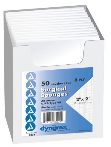 Dynarex Surgical Gauze Sponge Pouches Sterile 2 in x 2 in 8 Ply 100 ct 12 Pack - Picture 1 of 2