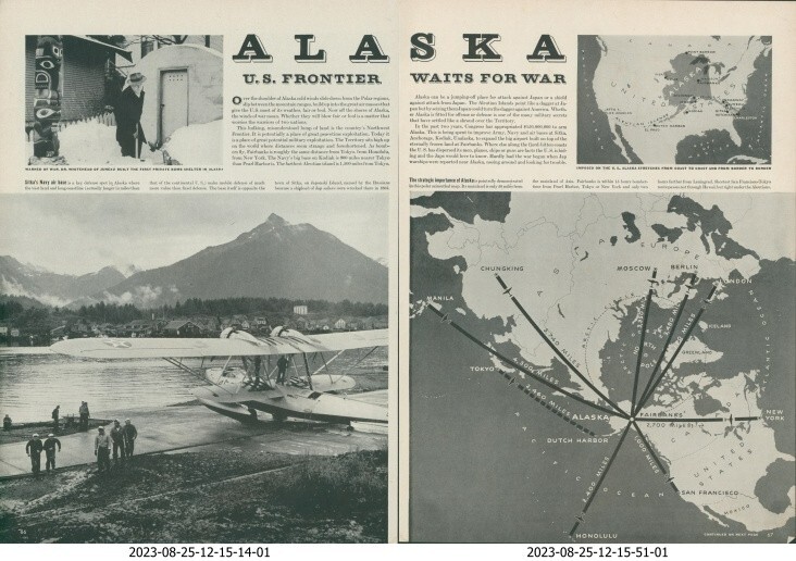 1942 WWII Alaska Waits For War Map Plane Train Salmon Gold Vtg Print Story L33
