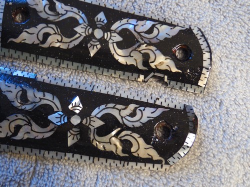 1911 FULL SIZE MOTHER OF PEARL INLAY GRIPS WOOD FLOWER BURST MASK BLACK & WHITE - Picture 5 of 6