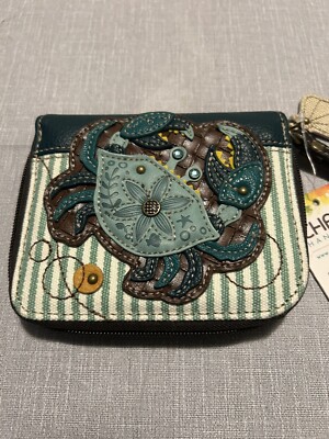 NEW CHALA CRAB SHELL GREEN OCEAN BLUE ZIPPERED BIFOLD WALLET FAUX LEATHER