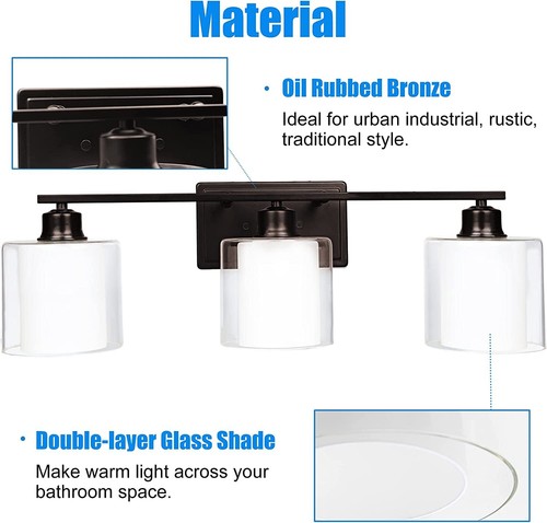 3-Lights Oil Rubbed Bronze Vanity Wall Sconce with E26 Base and Glass Shade - Picture 7 of 15