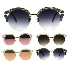 Womens Metal Stud Iced Bling Round Diva Double Rim Sunglasses