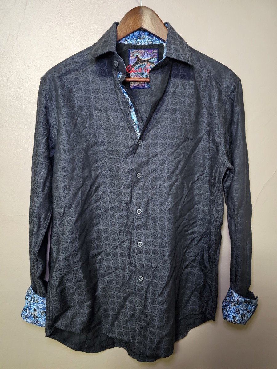 ROBERT GRAHAM BLACK DRESS SHIRT Mens SIZE SMALL Flip Cuff Blue Embroidered
