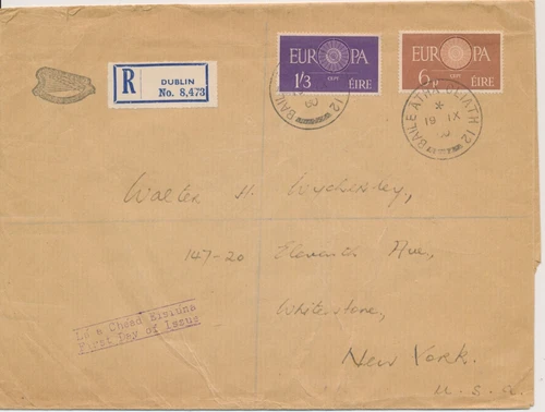 Europa Ireland Registered cover Harp 1960 Dublin to New York First Day of Issue