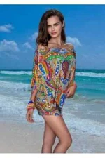 $155 LULI FAMA off shoulder mini dress with tassels Samba Caracol print sz XS