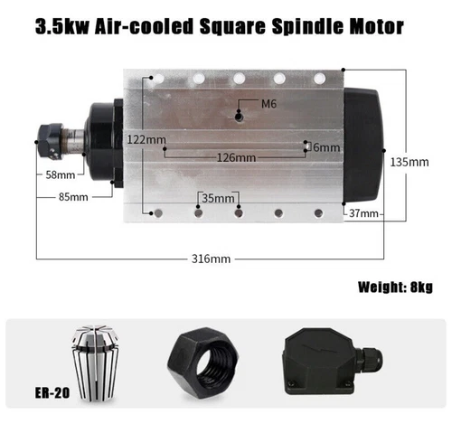 3.5KW ER20 Air-cooled Square Spindle Motor CNC Router Milling Engrave 220V/380V - Picture 4 of 10