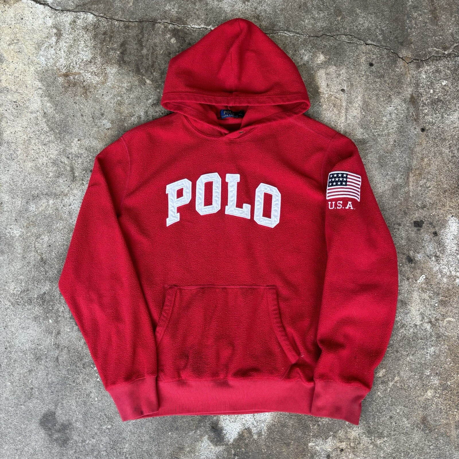 Polo Ralph Lauren Men’s Hoodie Pullover Fleece USA Flag Red Size Medium