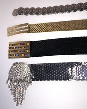 Vtg Lot 4 Metal Fish Scale  Coin Belt 70  s Stretch Boho Hippie Disco 24  - 51  