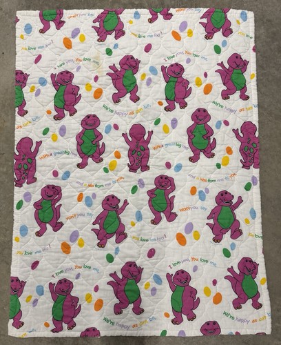 Vintage 90s Barney Dinosaur Blanket Crib Quilted Comforter I Love You 1992 USA
