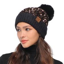.Sequin Fur Pom Beanie for - Stretchable Soft Warm with Faux Fur Pom Knit Win...