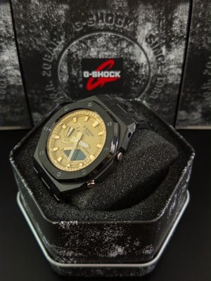 Casio GA-2100 G-Shock Watch   Sandblasted Black Case Mod   Gold Dial