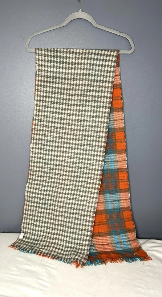 Cachecol Steve Madden feminino tamanho único xadrez reversível Houndstooth cinza laranja azul - Imagem 3 de 4