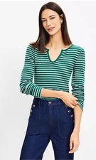 NWT - Loft Striped Green Brushed Waffle Split Neck Tee, Size Small