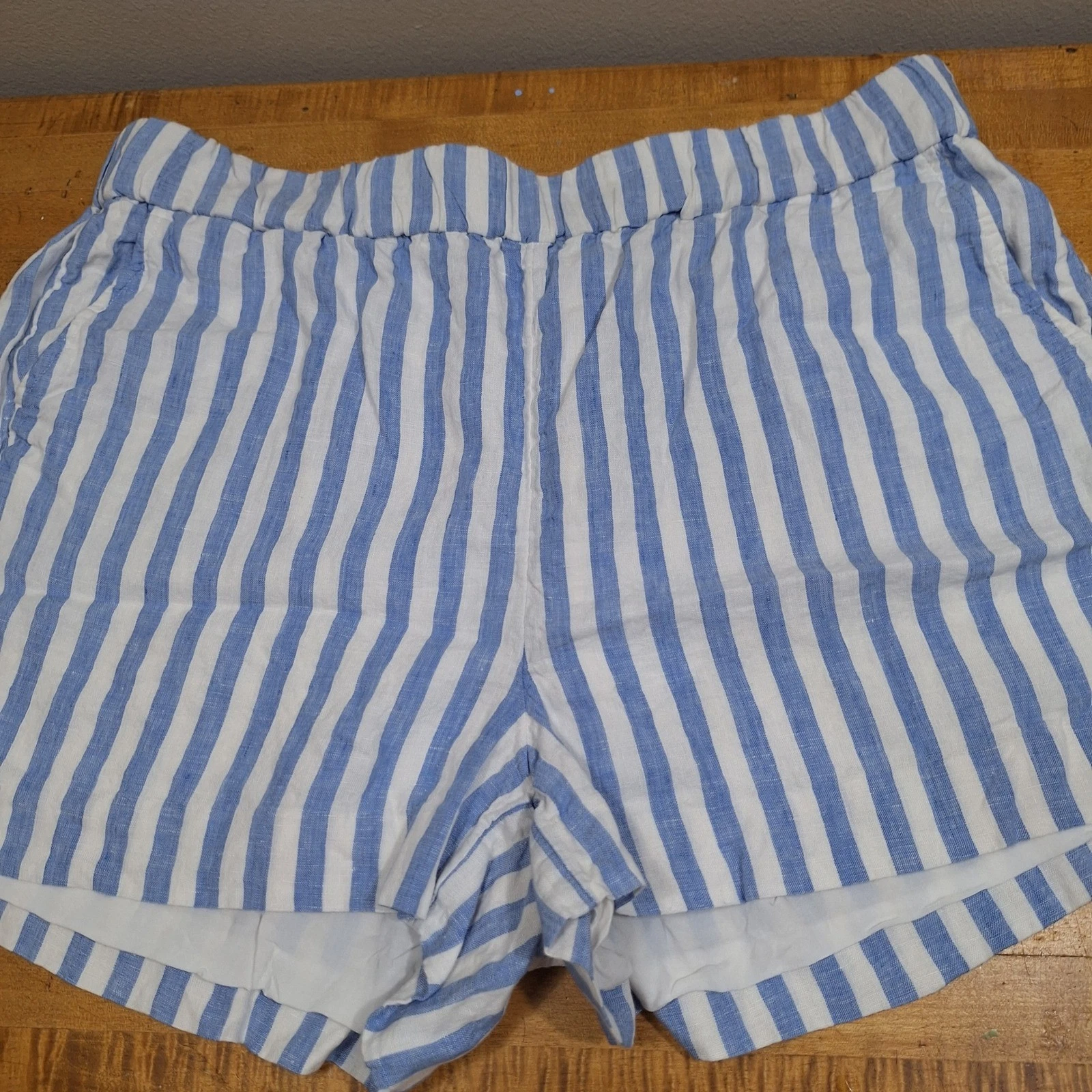 J.Crew Linen Shorts Wom Sz XXL Blue White Striped Elastic Waist Casual Preppy